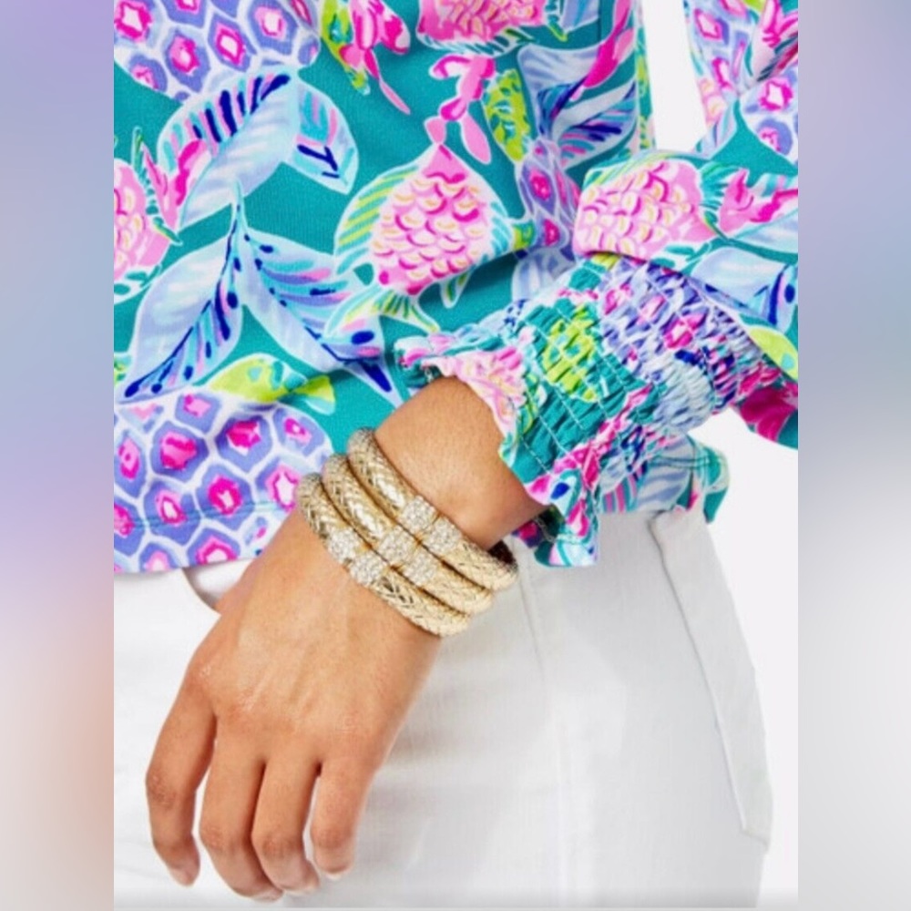 LILLY PULITZER Lana Off the Shoulder Top Maldives Green Turtle Wave Size XL - Picture 4 of 11